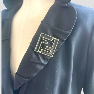 Fendi FF Black Enamel Gold Tone Logo Brooch 90’s Style Designer Pin